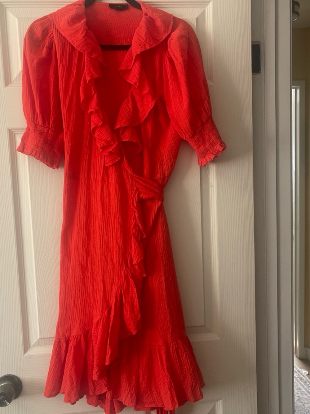 J. Crew Vibrant Red Ruffle Wrap Midi Dress